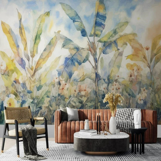 Watercolor Tropical Plants and Banana Leaves Wallpaper Wall Mural Home Decor