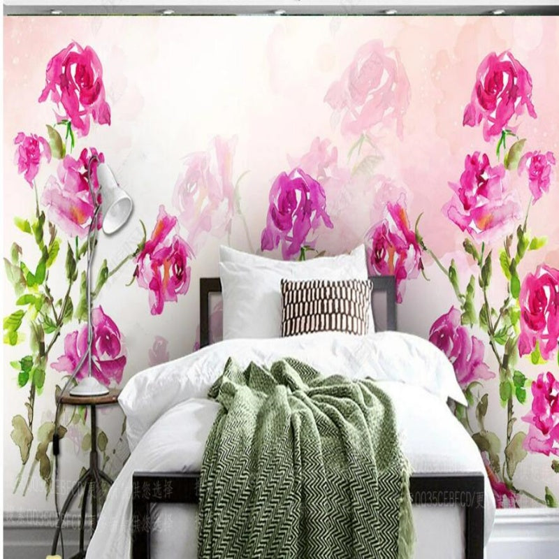 Watercolor Pink Rose Flowers Floral Kids' Baby Girls' Children's Room Nursery Wallpaper Wall Mural Home Decor