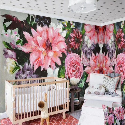 Watercolor Pink Rose Flowers Floral Kids' Baby Girls' Children's Room Nursery Wallpaper Wall Mural Home Decor