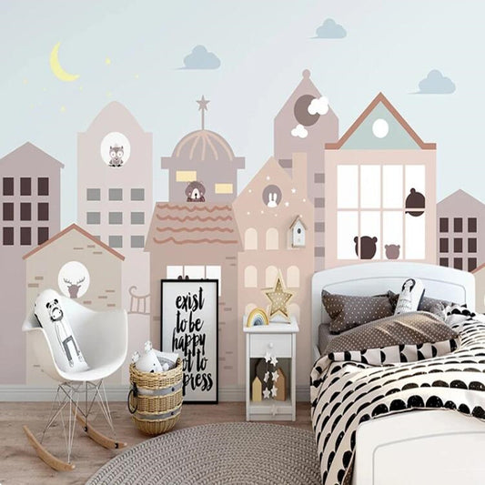 Cartoon House Animals Town Moon Night Nursery Wallpaper Wall Mural