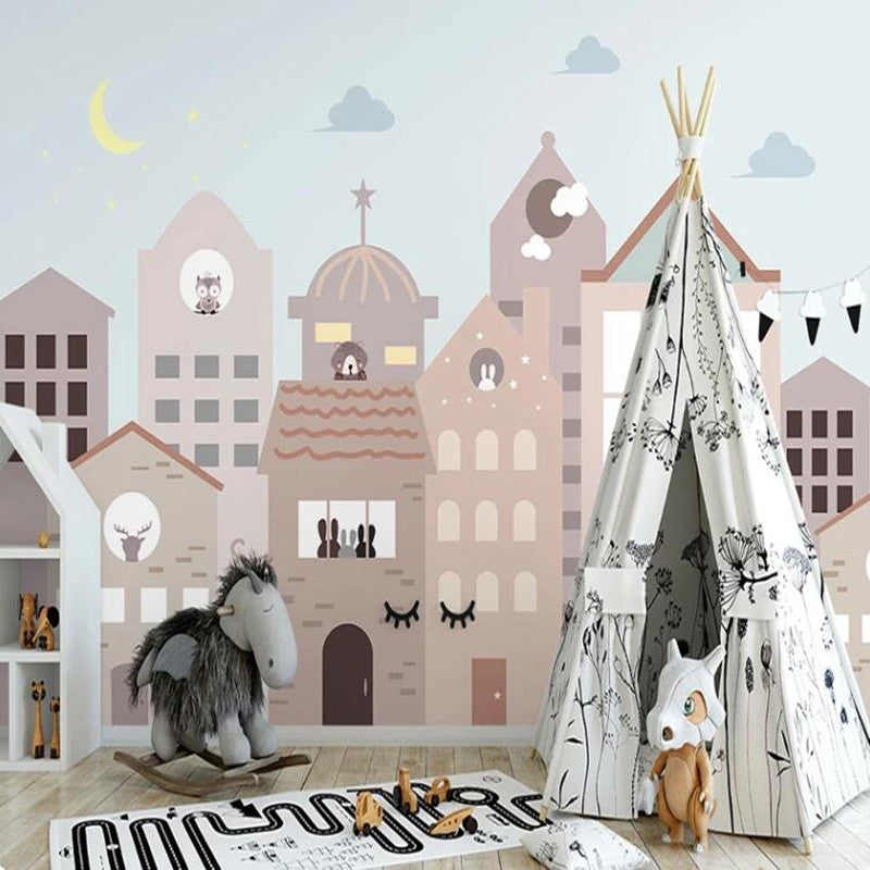 Cartoon House Animals Town Moon Night Nursery Wallpaper Wall Mural