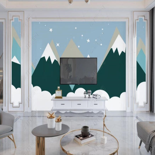 Cartoon Triangle Mountains Snow and Stars Kids'Children's Room Nursery Wallpaper Wall Mural Home Decor