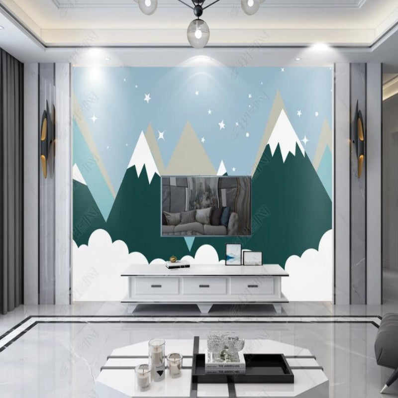 Cartoon Triangle Mountains Snow and Stars Kids'Children's Room Nursery Wallpaper Wall Mural Home Decor