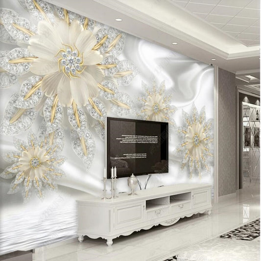 3D Jewelry Flowers and Two Cranes Wallpaper Wall Mural Home Decor