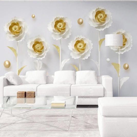 3D Gold and White Flowers Floral Wallpaper Wall Mural Home Decor