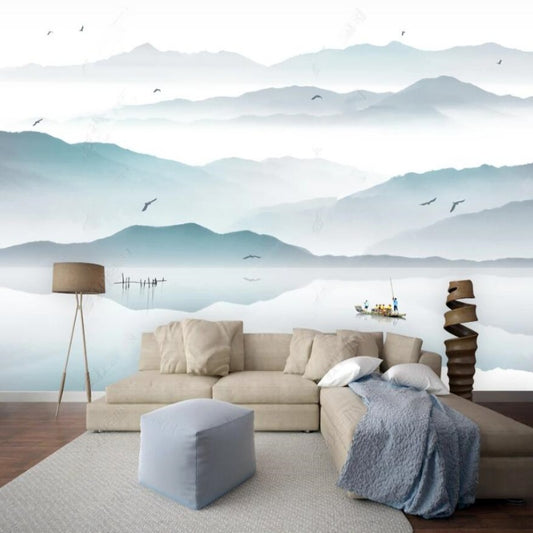 Ink Blue Mountains and Water with Flying Birds Nature Landscape Wallpaper Wall Mural Home Decor