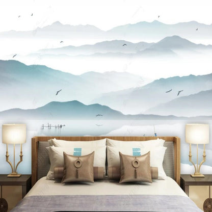 Ink Blue Mountains and Water with Flying Birds Nature Landscape Wallpaper Wall Mural Home Decor