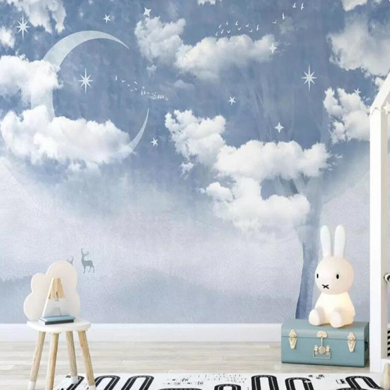 Cartoon  Stars Moon Clouds Nursery Kids' Room Wallpaper Wall Mural