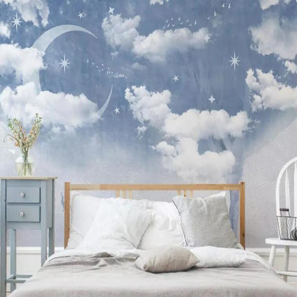 Cartoon  Stars Moon Clouds Nursery Kids' Room Wallpaper Wall Mural