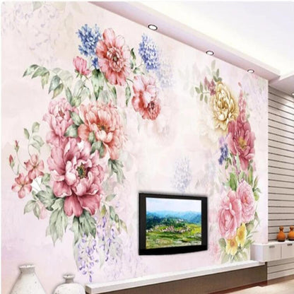 Pastoral Watercolor Peonies Flowers Floral Wallpaper Wall Mural