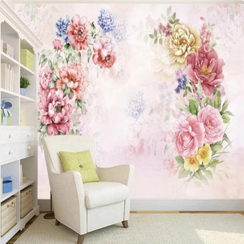 Pastoral Watercolor Peonies Flowers Floral Wallpaper Wall Mural