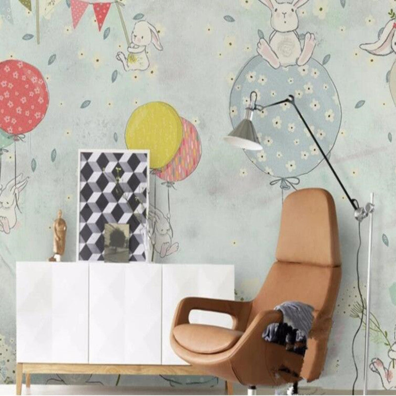 Cartoon Balloons Bunny Nursery Kid's Room Wallpaper Wall Mural