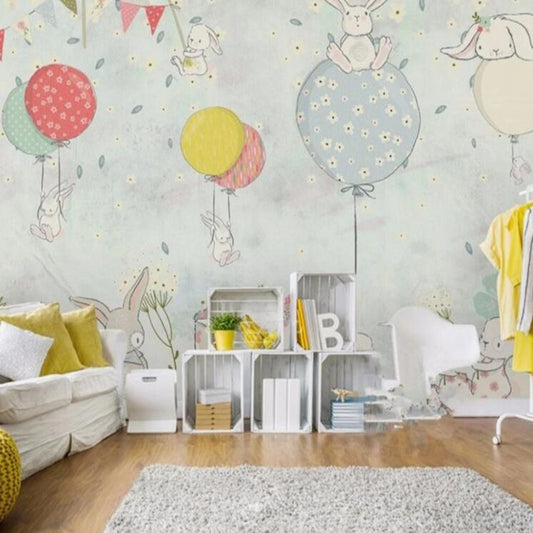 Cartoon Balloons Bunny Nursery Kid's Room Wallpaper Wall Mural