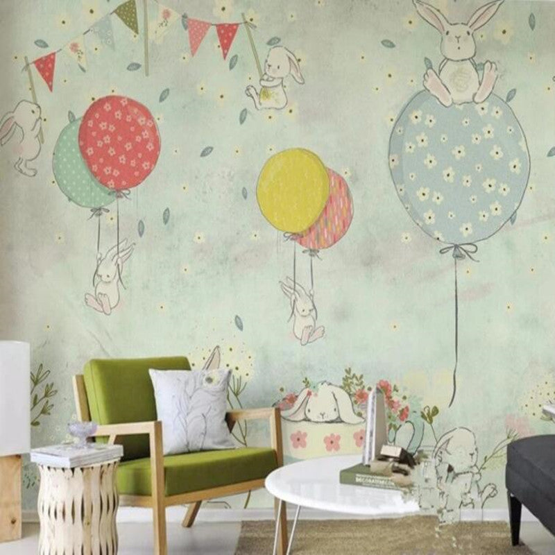 Cartoon Balloons Bunny Nursery Kid's Room Wallpaper Wall Mural