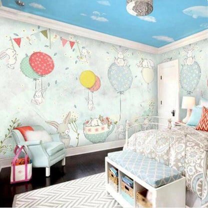 Cartoon Balloons Bunny Nursery Kid's Room Wallpaper Wall Mural