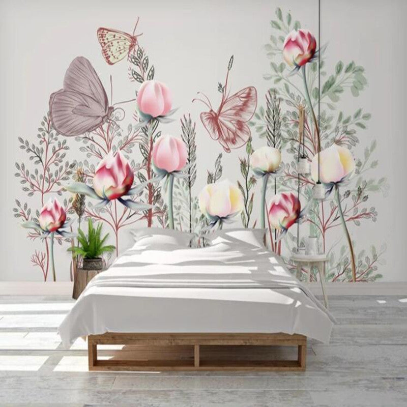 Cartoon Pink Flowers Butterfly Nursery Girl's Room Wallpaper Wall Mural