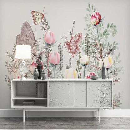 Cartoon Pink Flowers Butterfly Nursery Girl's Room Wallpaper Wall Mural