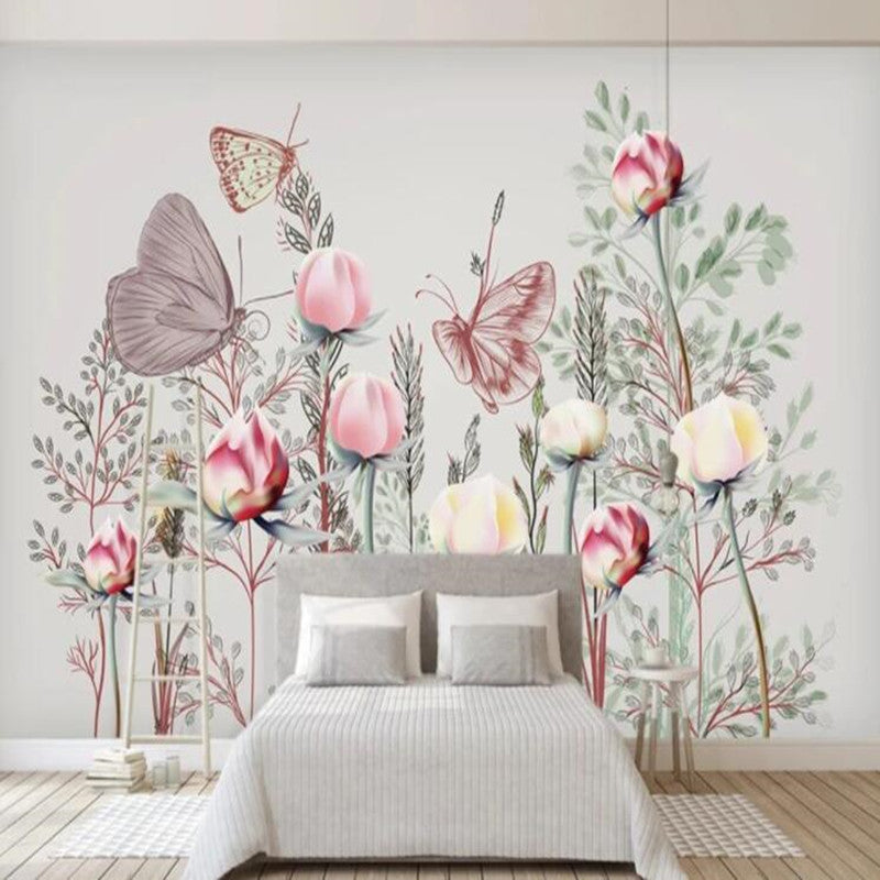 Cartoon Pink Flowers Butterfly Nursery Girl's Room Wallpaper Wall Mural