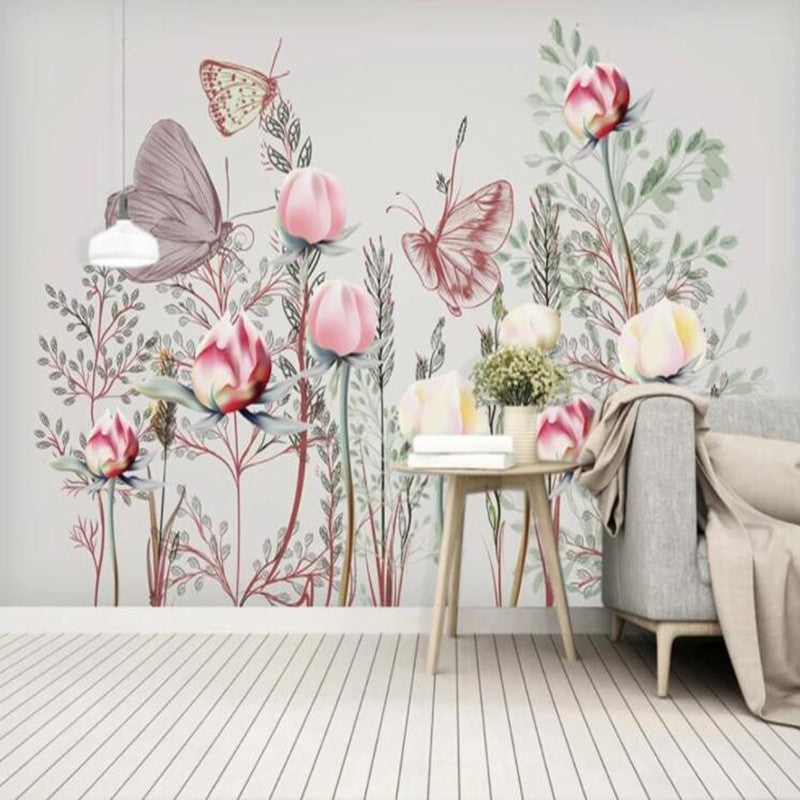 Cartoon Pink Flowers Butterfly Nursery Girl's Room Wallpaper Wall Mural