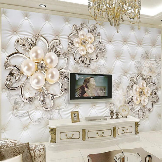 3D Fantasy European Style Stereo Relief Pearl Flowers Wallpaper Wall Mural