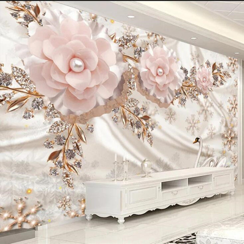 European Style Luxury Swan Jewelry Pink Flowers Floral Wallpaper Wall Mural