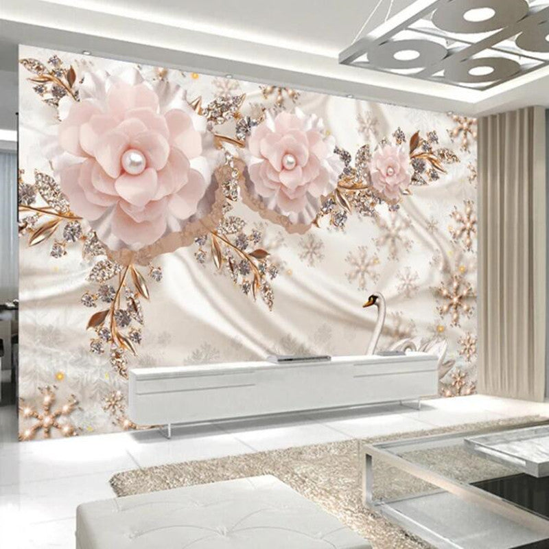 European Style Luxury Swan Jewelry Pink Flowers Floral Wallpaper Wall Mural