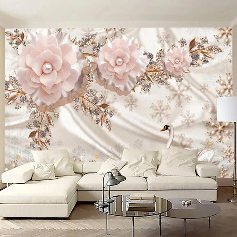 European Style Luxury Swan Jewelry Pink Flowers Floral Wallpaper Wall Mural