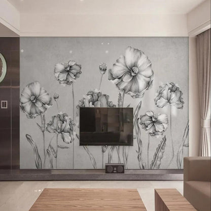 Retro Vintage Gray Flowers Floral Wallpaper Wall Mural