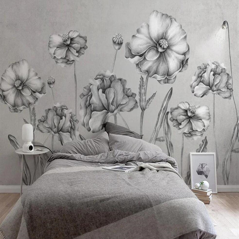 Retro Vintage Gray Flowers Floral Wallpaper Wall Mural