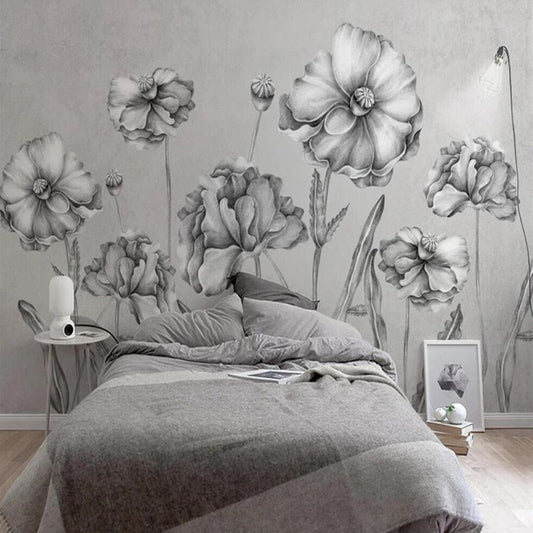 Retro Vintage Gray Flowers Floral Wallpaper Wall Mural
