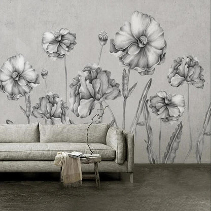 Retro Vintage Gray Flowers Floral Wallpaper Wall Mural