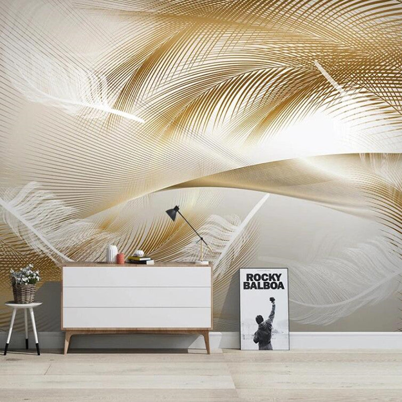 Modern Golden Feather Abstract Lines Wallpaper Wall Mural