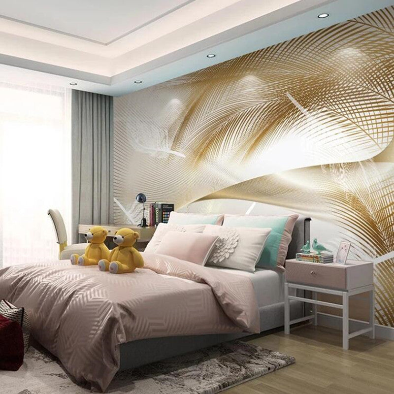 Modern Golden Feather Abstract Lines Wallpaper Wall Mural