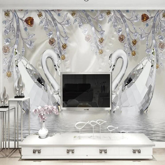 3D Stereo Crystal Diamond Swan Lake Romantic Beautiful Jewelry Swans Wallpaper Wall Mural
