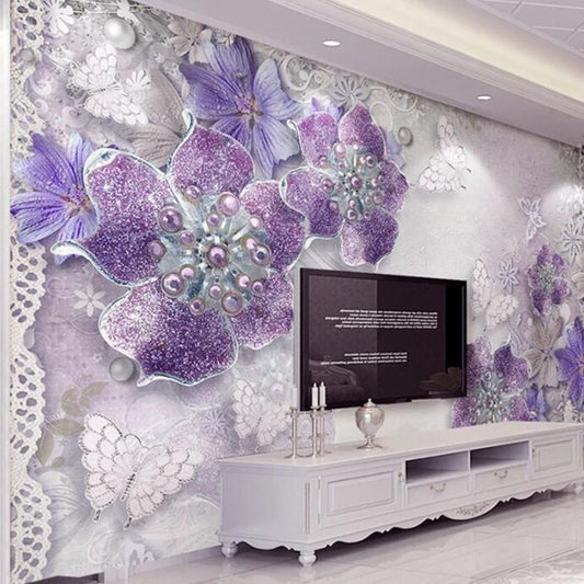 3D Stereoscopic Purple Flowers Bedroom Living Room Floral Wallpaper Wall Mural