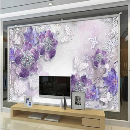 3D Stereoscopic Purple Flowers Bedroom Living Room Floral Wallpaper Wall Mural