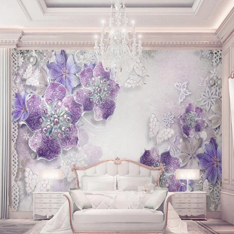 3D Stereoscopic Purple Flowers Bedroom Living Room Floral Wallpaper Wall Mural