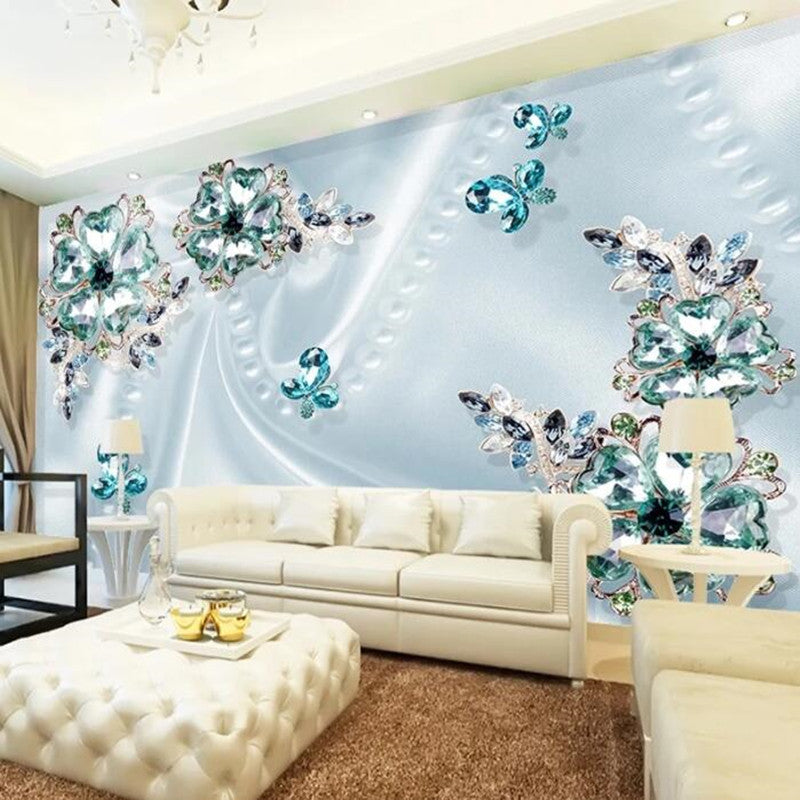 3D Stereo Green Crystal Flowers Luxury Wallpaper Wall Mural Wall Decor