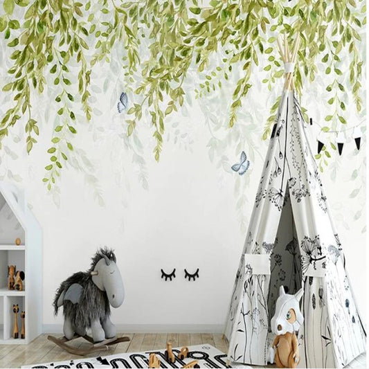 INS Watercolor Green Hanging Leaves Pastoral Style Nursery Wallpaper Wall Mural