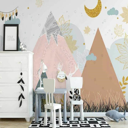 Cartoon Clouds Nordic Abstract Mountains Nursery Wallpaper Wall Mural