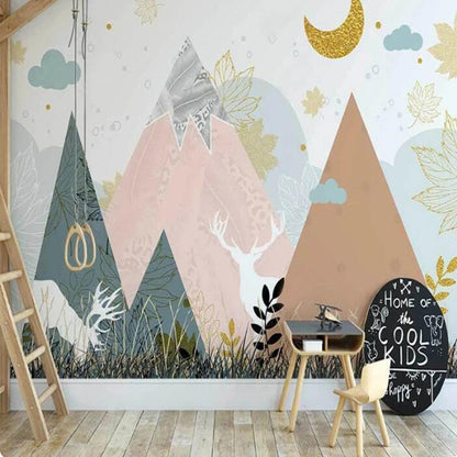 Cartoon Clouds Nordic Abstract Mountains Nursery Wallpaper Wall Mural