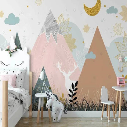 Cartoon Clouds Nordic Abstract Mountains Nursery Wallpaper Wall Mural