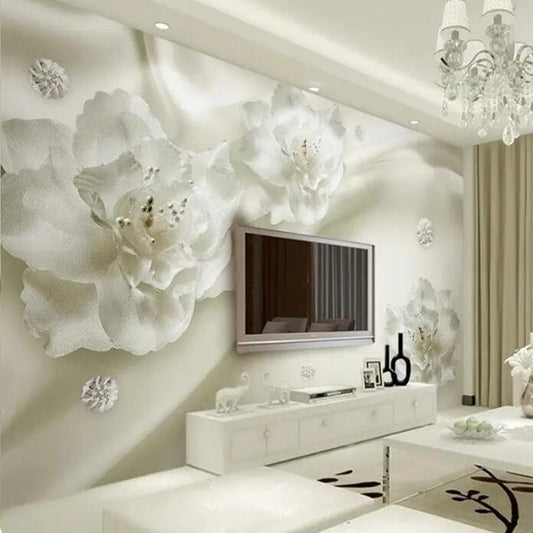 3D Stereo Relief White Flowers Floral Wallpaper Wall Mural Wall Decor