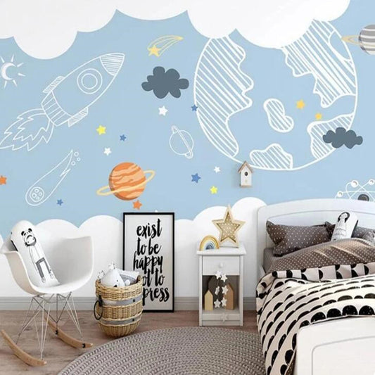Minimalist Cartoon Space Planet Children Room Nursery Wallpaper Wall Mural