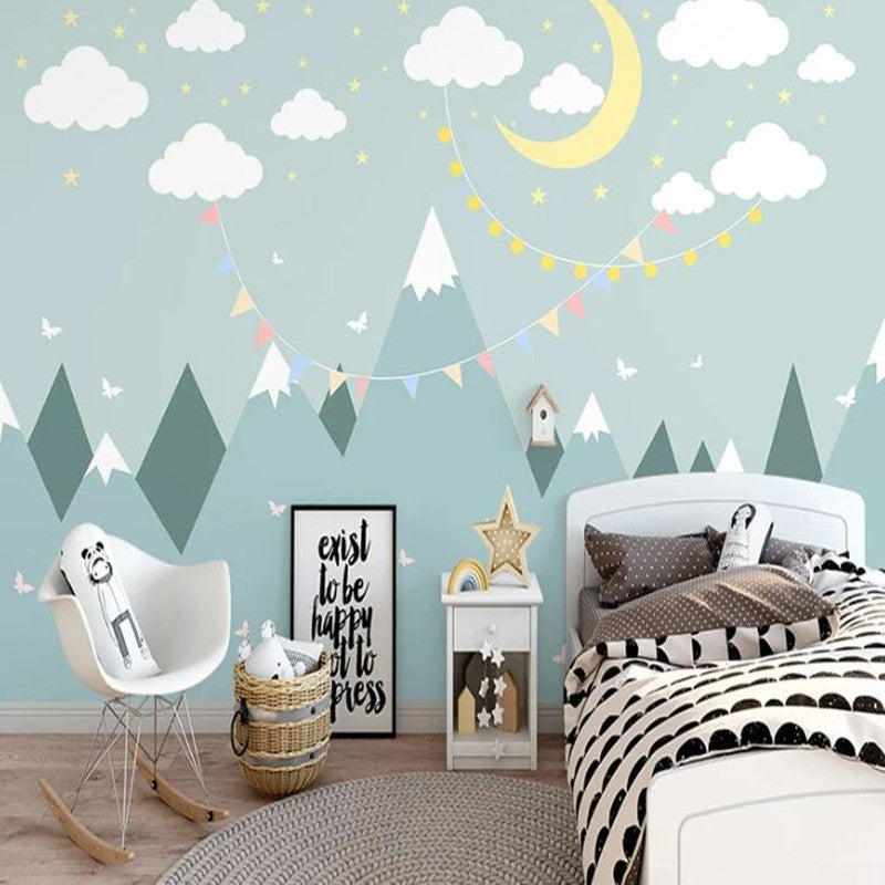 Cartoon Simple Moon Starry Sky Mountains Peaks Nursery Wallpaper Wall Mural