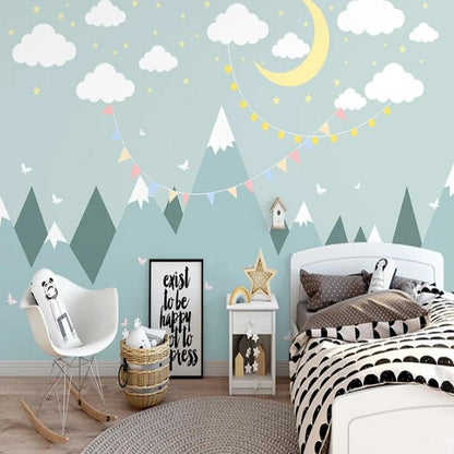 Cartoon Simple Moon Starry Sky Mountains Peaks Nursery Wallpaper Wall Mural