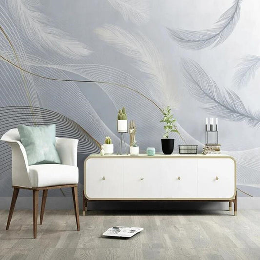 Modern Minimalist Blue Feathers Living Room Bedroom Wallpaper Wall Mural