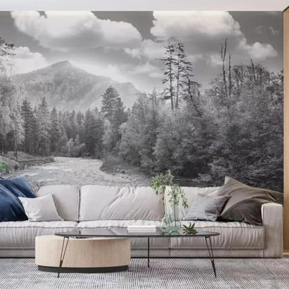 Nordic Black and White Forest Scenery Mountains Landscape Wallpaper Wall Mural
