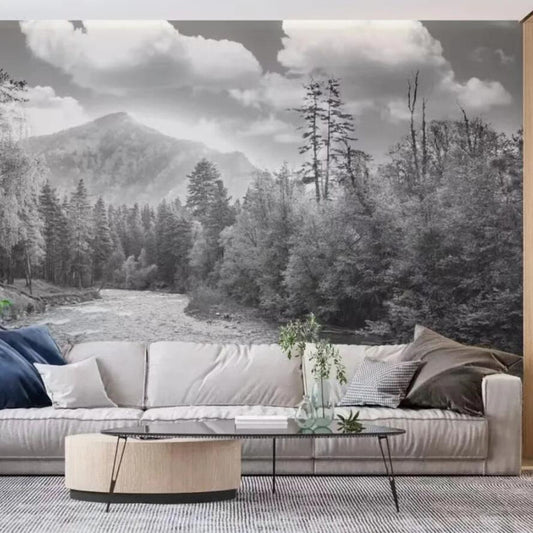 Nordic Black and White Forest Scenery Mountains Landscape Wallpaper Wall Mural