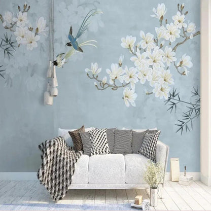 Chinoserie  Magnolia Flower and Bird Branch Background Wall Covering Wallpaper Wall Mural